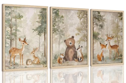 LHHJDIO 3 Piece Nursery Animal Framed Wall Art Woodland Wild