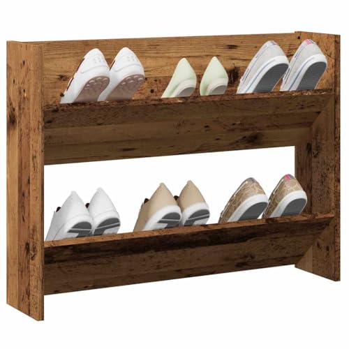 Étagère à chaussures murale bois vieilli 80cm avec 2 compartiments - 2