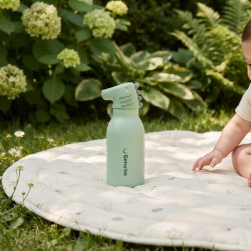 Image of JOUET Kids Stainless Steel Water Bottle 450ml with Mint Green Dinosaur Character Lid, Leakproof Straw Bottle for School, Travel & Daily Use