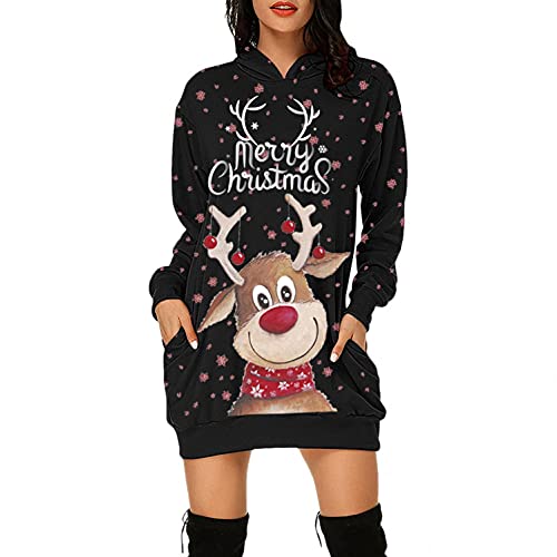 Kanpola Weihnachtskleid Damen Hoodie Kleid Langarm Kariertes Kapuzenpullover Pullover Winter Knopf Sweatshirt Elegant Shirtkleider Schmaler Rock