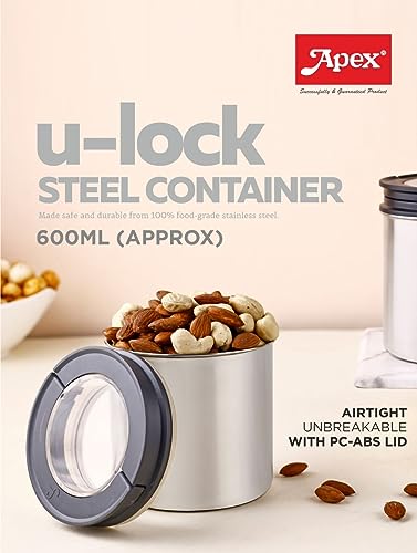 Image of Steel Container Jar - 2 Pcs Stainless Steel Food Item Box, Airtight Transparent Lid Storage Box for Kitchen, Spices, Grains, Snacks, Sugar, Tea, Pulses, Spices, Cereals(2pcs Set, 600ml)