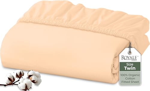Image of Royale Linens 100% Organic Cotton Fitted Sheet - Percale Weave - Super Soft Deep Pocket Bottom Sheets - Elastic Sheet Twin Size - Twin Fitted Sheets Only - (39 inchx75 inch+15 inch, Sand)
