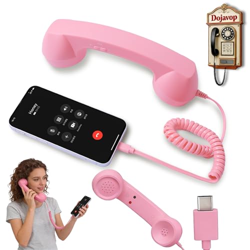 Retro Phone Handset Home Decor Aesthetic for iPhone Landline Rotary Phone for Home Pop Corded Telephone Handset for Cell Phones Connect to House Old School Vintage Telephone Receiver (Pink)