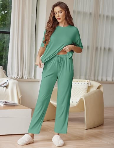 Image of Ekouaer Lounge Sets for Women Short Sleeve Tops and Long Pants Soft Comfy Pajamas Set 2 Piece Outfits