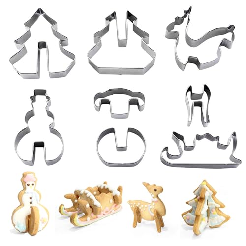 8 Piezas Molde de Galletas Navideñas, Acero Inoxidable Molde para Galletas, 3D Casa Galleta de Jengibre, Cortador de Galletas, Árbol de Arboles de Navidad, Renos, Herramientas para Hornear