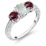 Gem Stone King 925 Sterling Silver Cabochon White Simulated Opal and Red Rhodolite Garnet Women's Ring (1.95 Cttw, Available In Size 5, 6, 7, 8, 9)