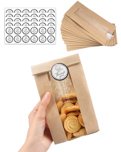 BakeChoice 50 Stück Papiertüten Klein mit Fenster,mit 60×Aufklebern,Bäckertüten Braun(8,89x5,85x19,05 cm), für Keks & Brottüten & Süßigkeiten & Süßwaren