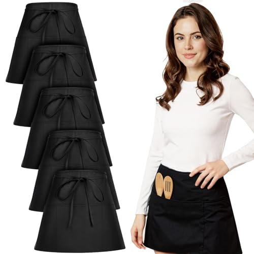 saerryor 5PCS Waitress Apron Black Waist Apron with 3 Pockets - Short Half Server Aprons for Women & Men, Waterproof & Anti-Dirt Cleaning Apron for Kitchen, Restaurant, Baking
