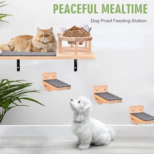 Wandhängematte für Katzen mit 2 Futternäpfen und 3 Stufen, 2 mit Filz bezogenen Sitzstangen, Kletterregal aus Holz