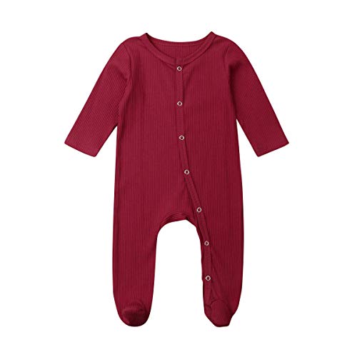 Baby Sleep N Play Cotton Footie Newborn Sleepers One Piece Footed Button Snap Romper (Wine red, 0-3 Months)