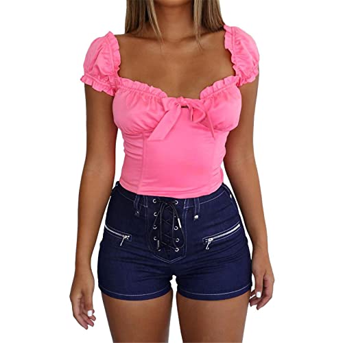 JTRHD Short en jean confortable pour femme Short de denim de mi-hauteur des femmes Pantalon décontracté Short à lacets (Couleur : Blue, Size : XL) Cover