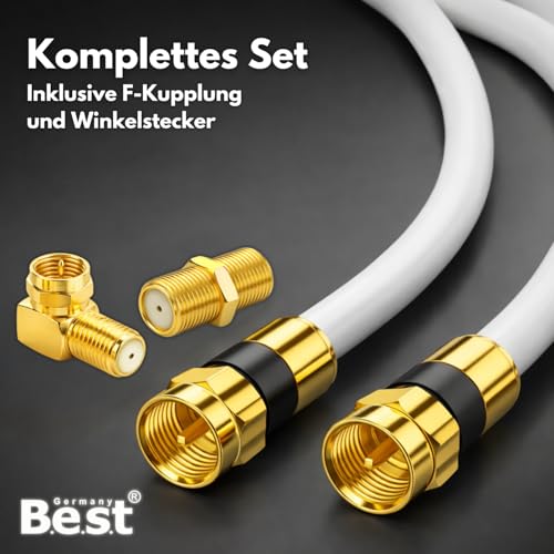 SAT Antennenkabel Koaxialkabel 135 dB Class A+ – Digital HDTV / 4K / 3D / UHD – vergoldet – 1× 90° Winkelstecker & 1x F-Verbinder inkl. – Satellitenkabel für Receiver, Router & Modem (3 Meter, Weiß)