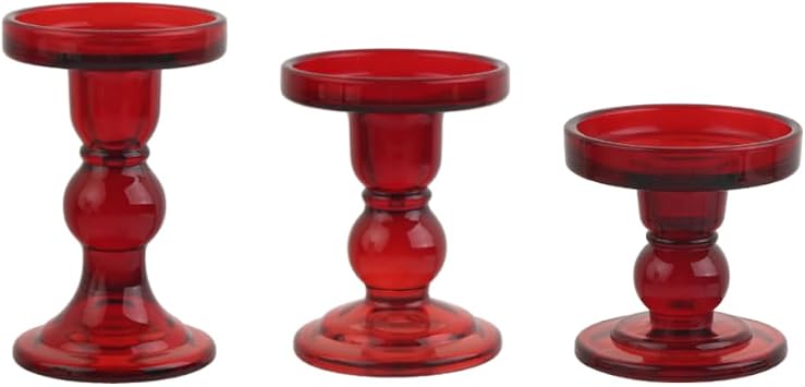 3-Piece Set of Red Glass Candlestick, Crystal Candlestick Holder Holder and Conical Candle, Christmas Candle Holder Decoration, Family Living Room Wedding Candle Holder red1set
