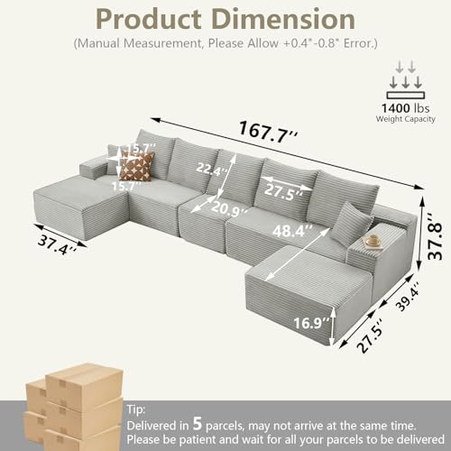 Image of 167.7 inch Sectional Cloud Couch for Living Room, Stupendous U Shaped Sofas, Modular Floor Deep-Seat Sofa, Big Comfy Corduroy Couches Set with Fluffy Memory Foam, No Assembly Required, Grey