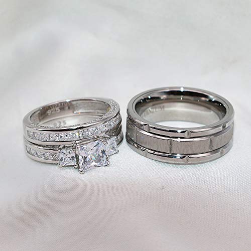 TWO RINGS Wedding Ring Sets His And Hers Promise Ring Couples Bridal Sets Women 925 Sterling Silver square Cz Man Stainless Steel Brushed Finished Wedding Bands3