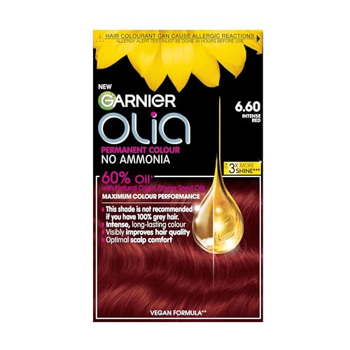 Image of Garnier Olia 6.60 Intense Red, oil-powered, no-ammonia. 100% grey coverage. Luminous, long-lasting, vibrant intense red hair color with ultimate shine and softness.