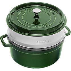 Cacerola Staub STAUB Cacerola/Cocotte con Vaporera de Hierro Fundido, Diámetro de 26 cm, 5,2 L, Esmaltado Interior Negro, Verde Albahaca