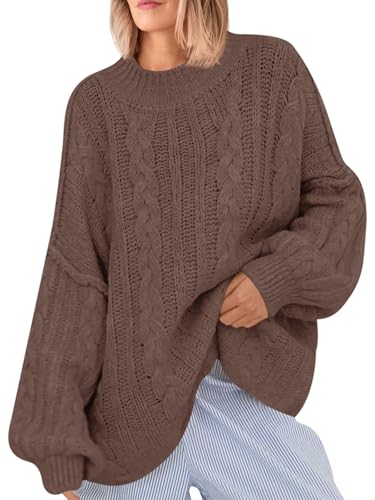 Saodimallsu Womens Oversized Sweaters Chunky Cable Knit Crew Neck Casual Long Lantern Sleeve Fall Tunic Sweater Tops
