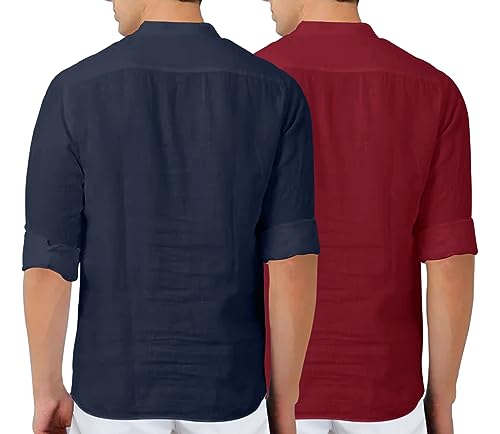 Image of FINIVO FASHION Men's Cotton Blend Solid Full Sleeve Combo Short Kurta Shirt, Regular Fit Solid Pattern Mandarin Collar Straight Kurta Shirt