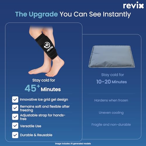 Image of REVIX Shin Splints Relief Ice Pack, 45-Min Long Lasting Leg Ice Pack Wrap | Reusable Gel Cold Pack Compression Sleeve for Leg, Calf, Arm Recovery, 360 Full Coverage Calf Ice Pack Wrap for Knee & Elbow