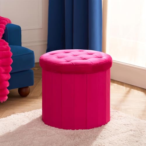 OHS Round Storage Ottoman Matte Velvet, Storage Stool with Lid Space Saving Organising Box for Bedroom Living Room Footstool with Hidden Storages, Bright Pink