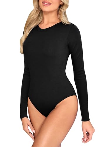 Kefiyis Body Femme Manches Longues Bodys Femme Chic Col Rond Bodysuit Élastiqué Body String avec Snap Noir L