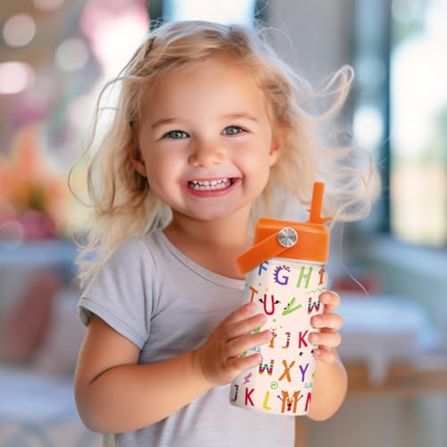 Image of SANDJEST Kids Water Bottle with Straw Lid - 12 Oz Alphabet Insulated Stainless Steel Water Bottles for Kid Girl Boys - Travel Cup for School Sports