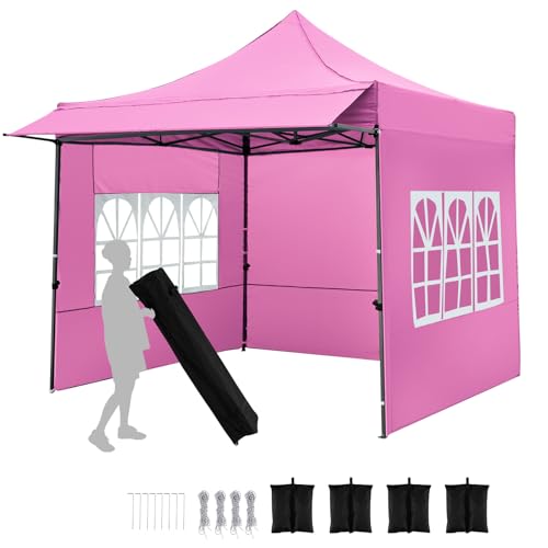 Tangkula 10x10 FT Pop Up Canopy, Outdoor Tent with 3 Sidewalls & Awning, Wheeled Bag, 4 Sandbags, 8 Stake, 4 Ropes, Portable Canopy Tent for Party Picnic Event Beach Camping (Pink)