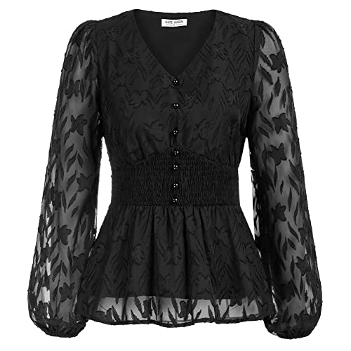 Kate Kasin Blusas de manga larga elegante túnica top cintura alta a líneas tops verano otoño blusa vintage camisa camiseta, Negro sobre poliéster, L Cover