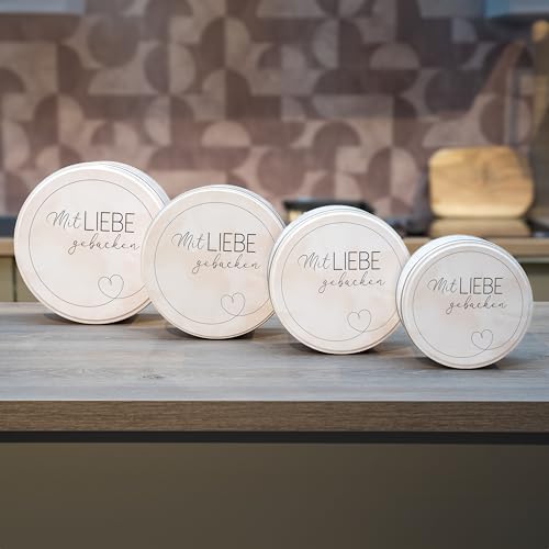 INSPINOVIA Keksdosen 4er Set | Ideal für Weihnachtsplätzchen & andere Leckereien | 4 Größen im Set | Gebäck & Aufbewahrungsdosen in bezaubernden Designs für viele Anlässe (Mit Liebe gebacken)