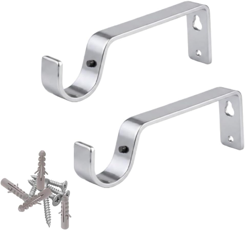 Silver Curtain Rod Brackets Set with Screws for Poles 28mm Curtain Pole Bracket Metal Heavy Duty Rod Wall Brackets Holder Set of 2.