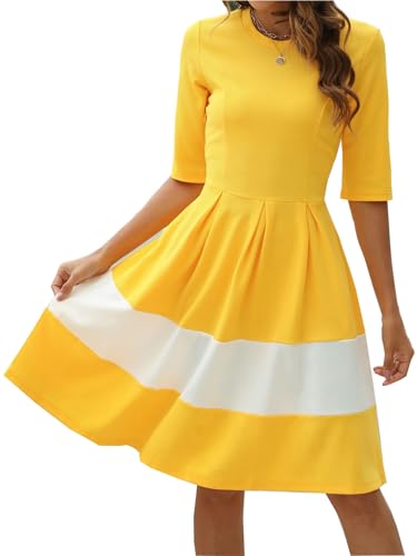 oxiuly Women's Vintage Half Sleeve O-Neck Contrast Casual Pockets Party Swing Dress OX253