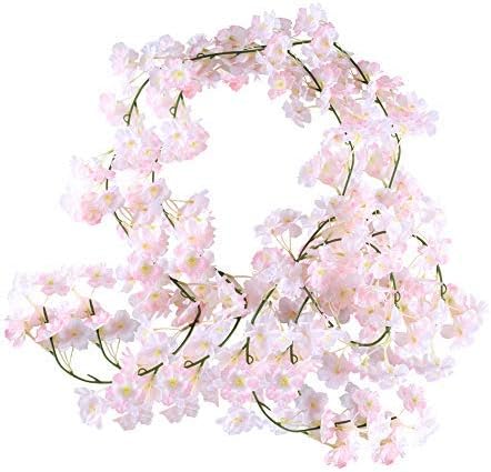 HUAESIN 2 Pcs Artificial Cherry Blossoms Vines Fake Pink Sakura Cherry Blossom Hanging Vine Garland Silk Hanging Plants Plastic Hanging Basket Flowers Wedding Garden Decor Total 12 Feet