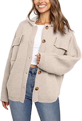 SUPRELOOK Woman s Long Sleeve Button Down Knitted Sweater Jacket Turn Down Collar Cardigan Coat with 4 Pockets, Apricot, L