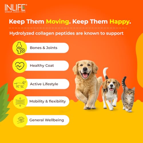 Image of INLIFE Collagen for Dogs & Cats | Hydrolysed Collagen Powder | Clinically Proven Ingredient with Biotin, Vitamin C, Hyaluronic Acid & Glucosamine | Pet Supplement (Orange)