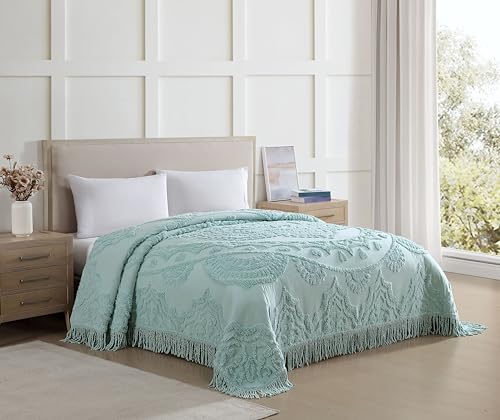 Beatrice Home Fashions Full Blue Lotus Medallion 100% Cotton Chenille Bedspread Soft Cozy Lightweight Fringe