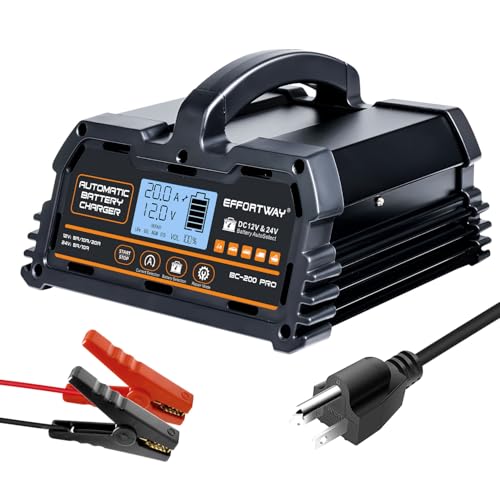 EFFORTWAY 20A Battery Charger, 12V/24V Lead Acid Charger, 12V LiFePO4 Charger. Smart Battery Charger with Trickle Charge.Car Battery Maintainer with LCD Display. Suitable for Trucks,AMG,Motorcycles