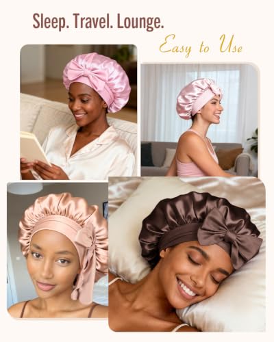 Image of BONNET QUEEN Silk Bonnet for Sleeping Women Satin Bonnet Night Sleep Cap Wrap for Curly Hair with Adjustable Tie Band, Single Layer, Chocolate