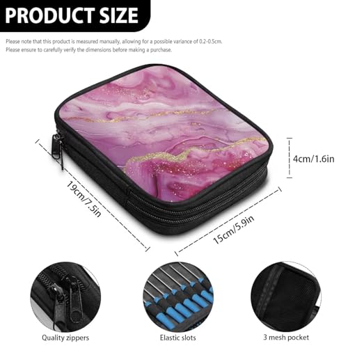 Image of Crochet Hook Case Pink Marble Crochet Hook Holder Portable Crochet Hook Storage Bag with Web Pockets Suitable for Crochet Needles /Knitting Accessories