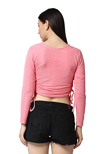 Image of POPWINGS Casual Self Design Regular Fit Polyester Full Sleeves Crop Tops for Women with Crush String
