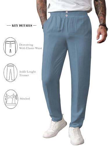 Image of TAGDO Men's Cotton Casual Premium Linen Blend Pants | Lightweight & Breathable Fabric | Elastic Waist with Button | Loose Fit | Perfect for Holidays & Travel (2055)