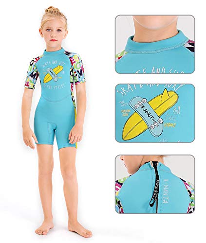 Dive & Sail Shorty Wetsuits For Kids One Piece Diving Suit Warm Swimsuit Uv Protection Printed 2.5Mm Swimwear Blue #TOP3