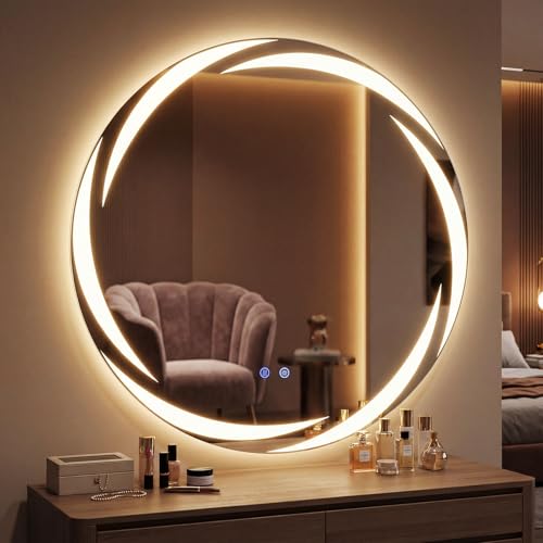 COSTWAY Specchio da Bagno con LED Rotondo 80 cm, Specchio da Parete Retroilluminato Dimmerabile con Vetro Temperato Antideflagrante, Luci a 3 Colori e Antiappannamento, IP44 (80 x 80 cm)