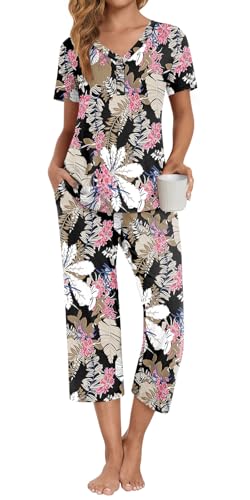 El Mejor Listado de Ropa de dormir los más recomendados. 42 Anyally - Conjunto de pijama para mujer, talla grande, manga corta y pantalones de 2 piezas, conjunto de pijama de verano para mujer, A1-button Fl Big Leaf Pink, M