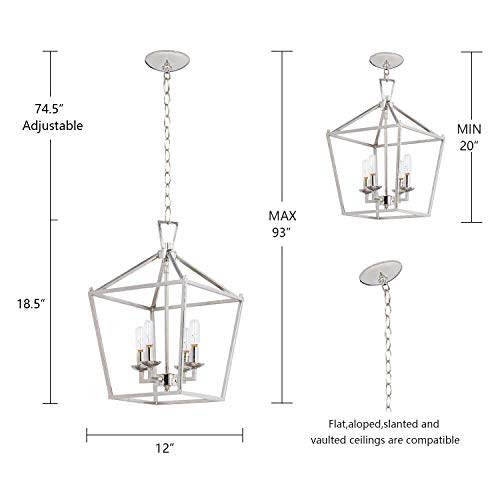 Motini 4-Light Silver Lantern Pendant Light Polished Nickel Finish Hanging Light Fixture Geometric Chandelier With Adjustable Chain Metal Cage Pendant Lighting For Kitchen Island Dining Room Foyer #TOP5