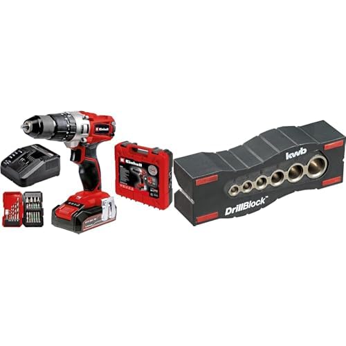 Einhell Taladro percutor con batería de 2,5Ah TE-CD 18/2 Li +22 (1x2,5 Ah) PXC (18 V, 44 Nm, engranaje de 2 veloc., cargador rápido, caja de puntas de 22 piezas y maletín) + Guia de perforacion