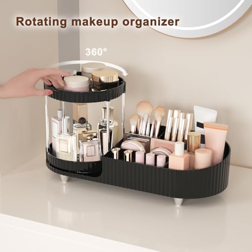 Image of Makeup Organizer Countertop for Vanity with 360 Rotating Perfume Trays, 7-Compartment Skincare Organizers and Make Up Desk Storage, Cosmetic Organizer with Brush Holder for Bedroom Bathroom Counter