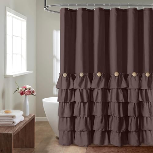 Seasonwood Brown Shower Curtains for Bathroom Dark Brown Ruffle Shower Curtain with Natural Buttons Farmhouse Style Microfiber Fabric Shower Curtains (Brown)