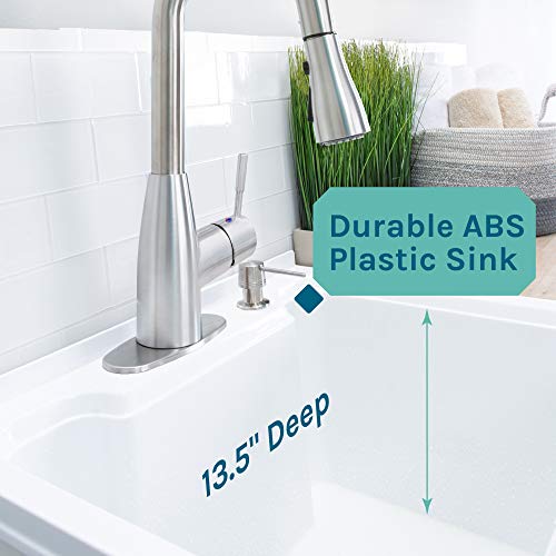 White Utility Sink In White Vanity, Stainless Steel Pull-Down Sprayer Faucet, Soap Dispenser And Spacious Cabinet By Js Jackson Supplies For Garage, Basement, Shop And Laundry Room #TOP2