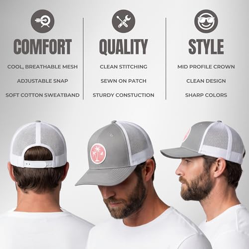 Image of LINDO Trucker Hat [ Palm Tree 2.0 Design ] for Men and Women: Mid Profile Cap with Breathable Mesh Back and Adjustable Snap